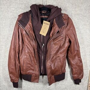 Edinburgh Genuine Leather Hooded Bomber Jacket Cognac Wax Womens XS